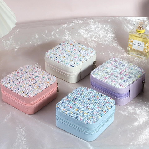 Portable Jewelry Box Tweed PU Leather Zippered Travel Storage Case For Earrings Rings Necklaces Mini Square Organizer