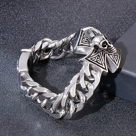 Men's 316L Stainless Steel Skull Cross Bracelet Gothic Punk Cuban Link Chain Retro Silver Color Fashion Jewelry