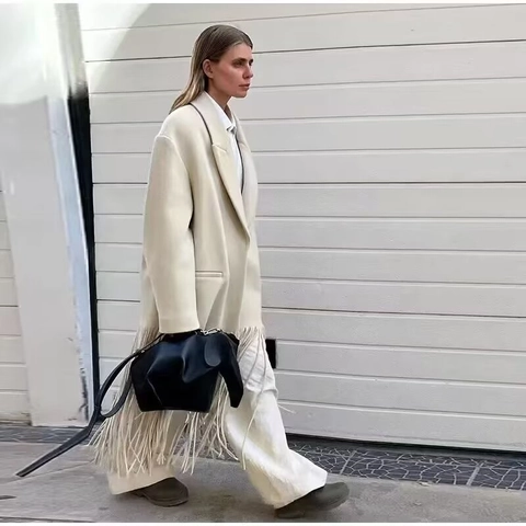Manteau Long Femme Effet Laine Décor Franges Gland Revers Ample Style Britannique Ivoire Élégant