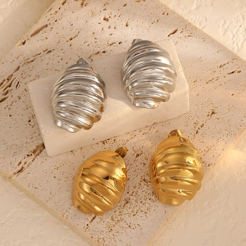 Chunky Oorknopjes Titanium Staal Verguld Spiraalvormige Ribbeltextuur Geometrisch Ovaal Mode Sieraden Voor Dames