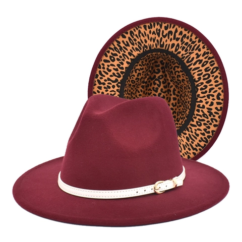 Cappello Fedora Feltro Di Lana Tesa Larga Stampa Leopardata Sotto Fibbia Cintura Stile Jazz Moda Unisex