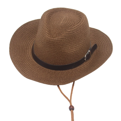 Chapeau De Cowboy En Paille Bord Large Protection Solaire Avec Ceinture En Cuir Corde À Vent Réglable Hommes Femmes Enfants