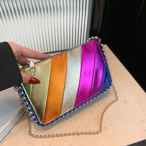 Women Rainbow Metallic Striped Crossbody Bag Colorful PU Leather Small Square Shoulder Bag With Silver Ball Chain Y2K Trendy