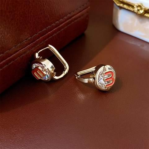 Geometric Round Hoop Earrings Copper Zircon Red Enamel Letter Design With Steel Earring Post Elegant Fashion For Women