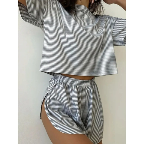 Gestreiftes Strick Kurzarm Crop Top Und Shorts Mit Seitenschlitz Loungewear Damen Freizeit Haus Schlafanzug