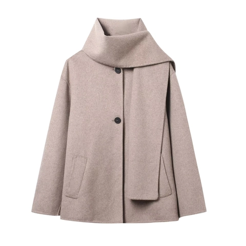 Chaqueta De Lana Para Mujer Con Cuello Bufanda Abrigo Corto Suelto Color Sólido Ropa De Invierno Con Botones Elegante