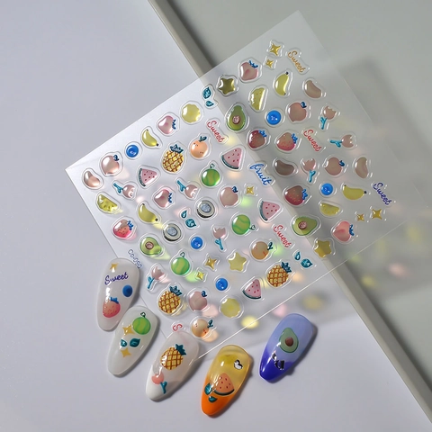 Fruit Nail Art Stickers 5D Embossed Relief Strawberry Peach Avocado Waterproof Adhesive Japanese Style Cute Beauty Decoration