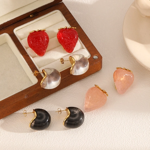 Strawberry Resin Stud Earrings And C Shape Hoop Earrings With 18K Gold Plated Stainless Steel For Women Fashion Jewelry