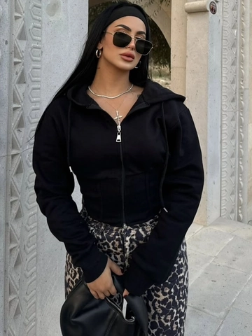 Women Cropped Zip Up Hoodie Polyester Spandex Corset Waist Design Long Sleeve Streetwear Sweatshirt Top