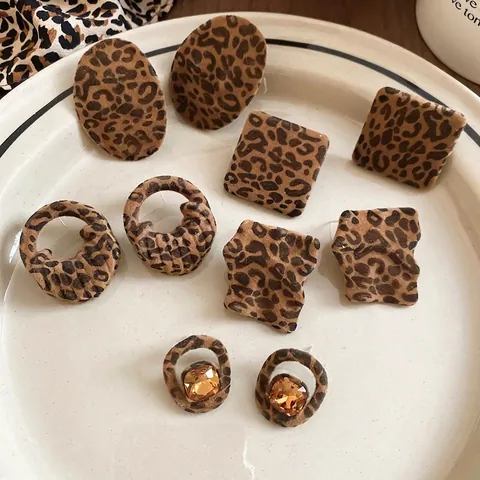 Vintage Leopard Print Flocked Cloth Stud Earrings With 925 Sterling Silver Earring Post Geometric Autumn Winter Accessory
