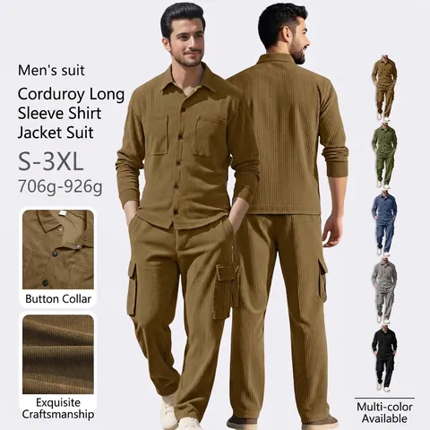 Herren Cordhemd Und Cargo Hose Casual Langarm Revers Knopf Urban Utility Outfits
