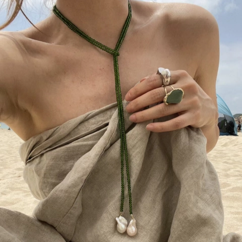 Vintage Long Green Spinel Beaded Necklace For Women Elegant Artificial Baroque Pearl Pendant Sweater Chain Retro Jewelry