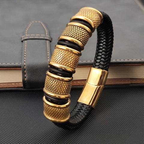 Bracciale In Pelle Intrecciata Da Uomo Con Perline In Acciaio Inossidabile Chiusura Magnetica Gioielli Hip Hop Punk