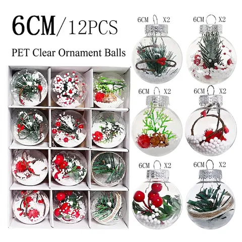Palline Di Natale Trasparenti Con Bacche Di Pino Artificiali Palla Di Neve PET Plastica Decorazione Albero