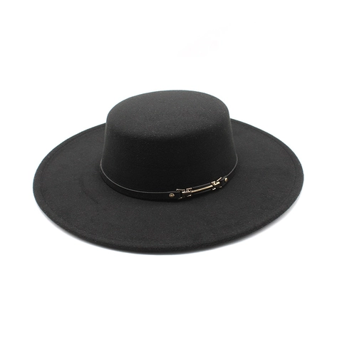 Women Elegant Flat Top Boater Hat Woolen Felt Wide Brim Retro French Style With PU Leather Belt Gold Metal Buckle