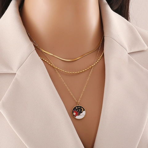 Collana A Strati Vintage In Acciaio Inossidabile Con Pendente In Smalto Sole Luna Stella Gioielli Celesti Per Donne