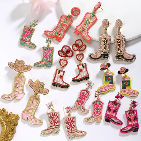 Exaggerated Alloy Beaded Cowboy Boot Drop Earrings For Women Gold Plated Rhinestone Personalized Retro Western Style Jewelry Gift