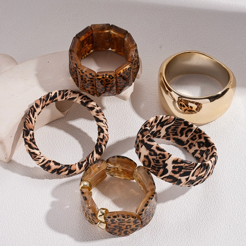 Leopard Print Acryl Armreif Armband Goldfarben Breit Geometrisch Retro Boho Pendeln Mode Schmuck Frauen
