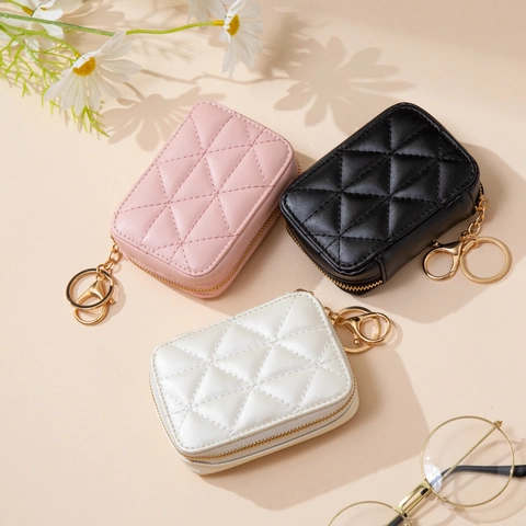 Tragbare Mini Lippenstifttasche PU Leder Gestepptes Rautenmuster Mit Spiegel Und Schlüsselanhänger Haken Kleine Kosmetiktasche