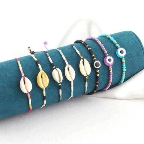 Bracciale Intrecciato Bohemian Conchiglia Naturale Perline Malocchio Regolabile Fatto A Mano Spiaggia Estate Gioielli Etnici