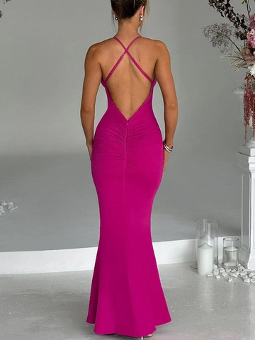 Sexy Maxi-jurk Met V-hals Halter Met Bloemenruches Open Rug Bodycon Polyester Spandex Lange Avondjurk