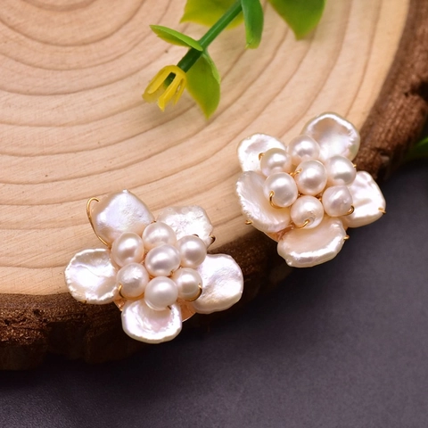 Vintage Natural Freshwater Pearl Flower Stud Earrings For Women With 925 Sterling Silver Post 18K Gold Plated Jewelry