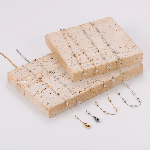 Joyería Minimalista De Acero Inoxidable 304 Para Mujer Con Cuentas Blancas Elegante Collar Y Pulsera De Cuentas Chapado En Oro 18K