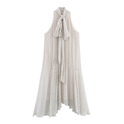 Damen Elegantes Polka Dot Neckholder Maxikleid Chiffon-Material Hohe Taille Ärmellos Unregelmäßiger Saum A-Linie Langes Schwingkleid Für Sommer Party Urlaub