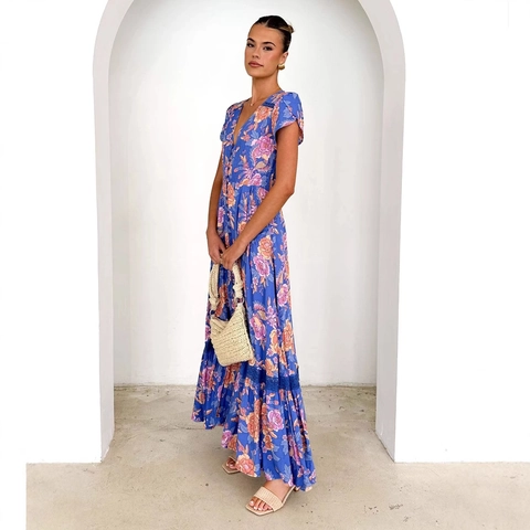 Boheems Bloemen Maxi Jurk V-Hals Ruches Korte Mouwen Enkele Rij Knopen Hoge Taille Polyester Zomervakantie Dames