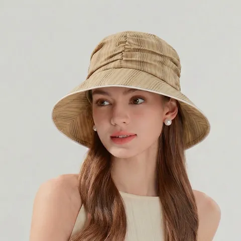 Chapeau Cloche Femme À Bord Large Plissé Polyester Protection Solaire Été Extérieur Respirant Pliable Réglable Rayé Élégant