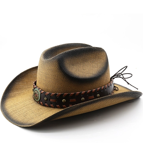 Sombrero De Vaquero Western Paja De Papel Trenzada Ala Ancha Protección Solar Ombre Vintage Banda Cuero Remache Turquesa