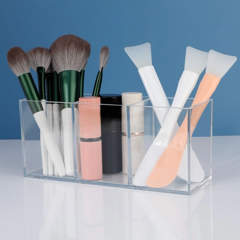 Make-Up Borstelhouder Organizer Met Drievoudig Compartiment Acryl Transparant Cosmetische Desktop Opslag Voor Lippenstiften