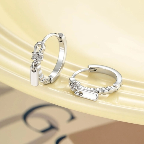 Zipper Pull Hoop Earrings Copper Minimalist Cubic Zirconia Inlay Cool Geometric Jewelry Unisex Silver Color