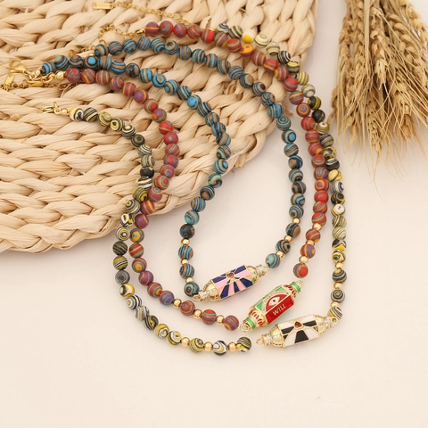 Evil Eye Pendant Necklace Vintage Beaded Copper Synthetic Malachite Turquoise Stainless Steel Bohemian Jewelry For Women