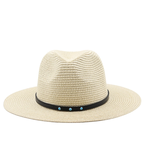 Sombrero Fedora De Paja De Papel Tejido Ala Ancha Protección Solar Verano Playa Panamá Jazz Con Cinturón De Cuero De Cuentas Turquesas