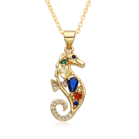 Collar Con Colgante De Caballito De Mar Cobre Chapado En Oro De 18K Circón Multicolor Micro Pavé Joyería Animal Para Mujer