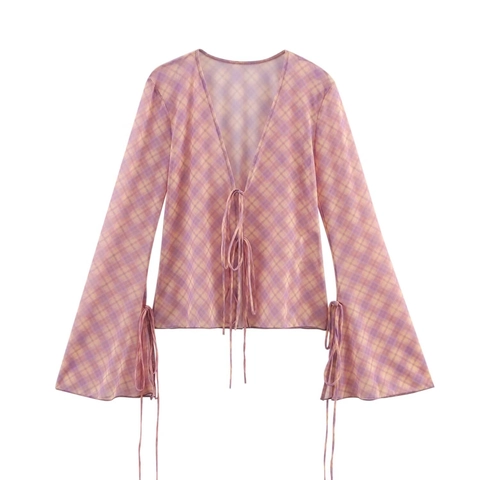 Damen Kariertes Netz Zweiteiler Set Transparentes V Ausschnitt Bindetop Und Maxi Rock Streetwear