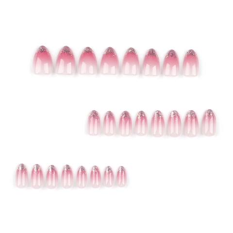 Französische Rosa Farbverlauf Künstliche Nägel Mit Glitzer Goldfolie Mandelform Kurze Aufklebbare Nägel Für Frauen