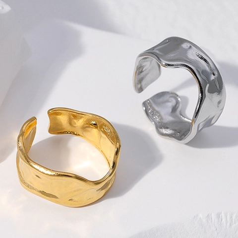 Minimalist Stainless Steel Open Ring For Women Irregular Hammered Texture Adjustable Finger Ring Fashion Jewelry Accessory