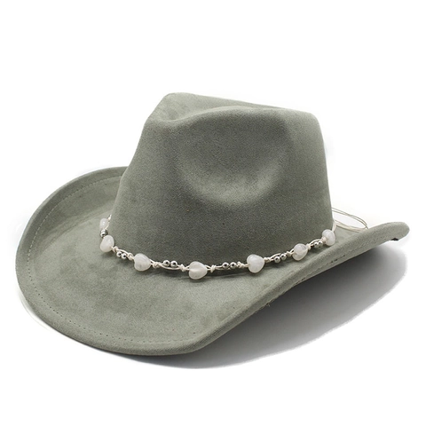 Western Cowboy Hat Fedora Suede With Heart Beads Wide Brim Retro Ethnic Sun Protection Jazz Hat For Women Men Outdoor
