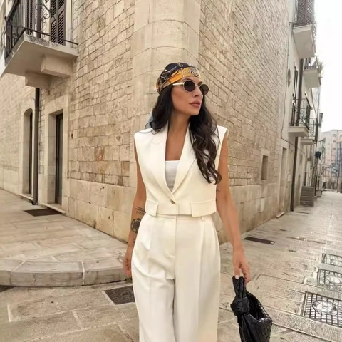 Women Sleeveless Vest Top And Wide Leg Pants Commuter Elegant Outfit Polyester Solid Color Casual Summer Spring