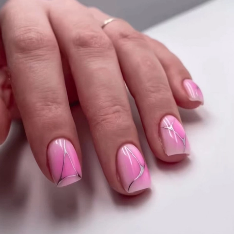 Short Square Press On Nails Ombre Blush Pink Glossy With Silver Geometric Lines Sweet Fake Nails For Women