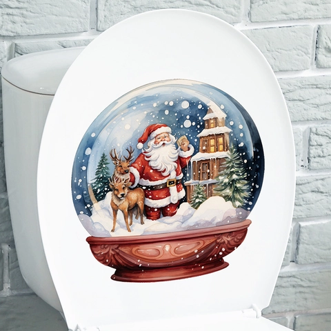 Autocollants Toilettes Noël Père Noël Renne Boule Cristal Flocon Neige PVC Amovible Étanche Décoration Salle De Bain