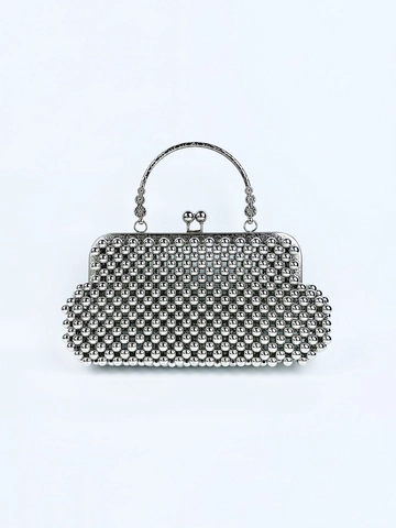Silver Beaded Evening Handbag Shell Shape Metal Handle Clutch For Women Wedding Party Banquet Vintage Elegant