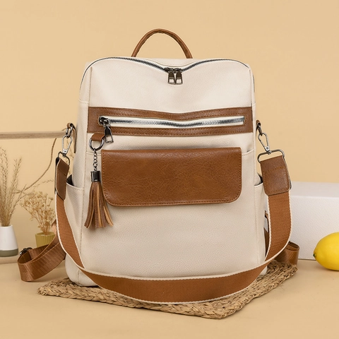 Women Fashion Backpack PU Leather Large Capacity Multi Pocket Anti Theft Travel Bag Streetwear Tassel Design Rucksack