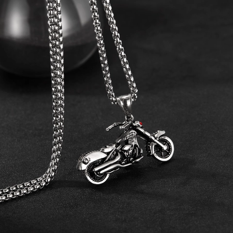 Motorcycle Pendant Necklace Stainless Steel Retro Punk Hip Hop Industrial Style With Red Zirconia For Men