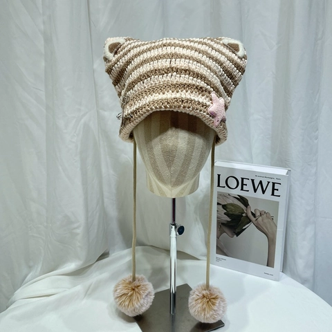 Japanese Kawaii Cat Ear Beanie Knit Hat Striped Warm Winter Headwear With Pom Poms And Star Patch For Women Girls