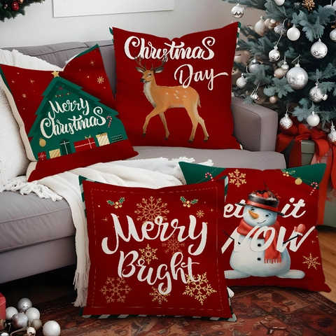 Federe Per Cuscini Di Natale Lino Rosso Fiocco Di Neve Albero Di Natale Pupazzo Di Neve Cervo Decorazione Divano