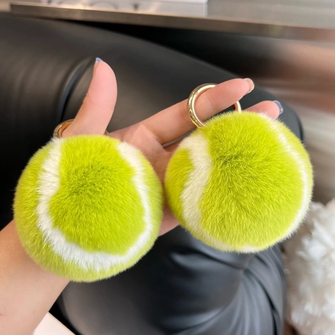 Tennis Ball Plush Keychain Faux Fur Bag Charm Neon Green Fluffy Pom Pom Sports Novelty Car Keyring Pendant Accessory
