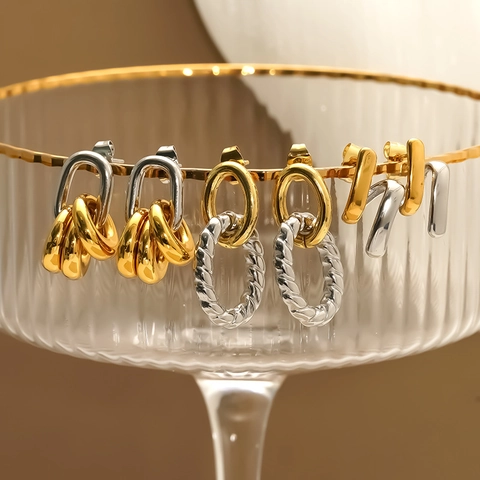 Two Tone Geometric Hoop Earrings 304 Stainless Steel 18K Gold Plated Twisted Chain Design Waterproof Hypoallergenic Jewelry Women